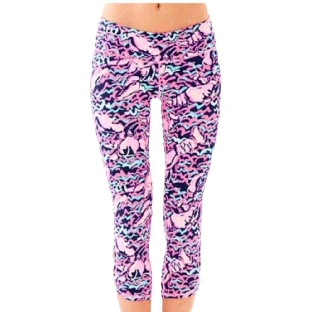 Lilly Pulitzer Luxletic Pink Blue Turquiose Lobstah Roll Capri Crop Leggings S